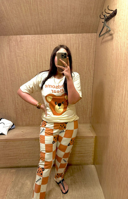 Sweet Cream & Brown "Handsome Bear" Women's 2-Piece Nightwear Set