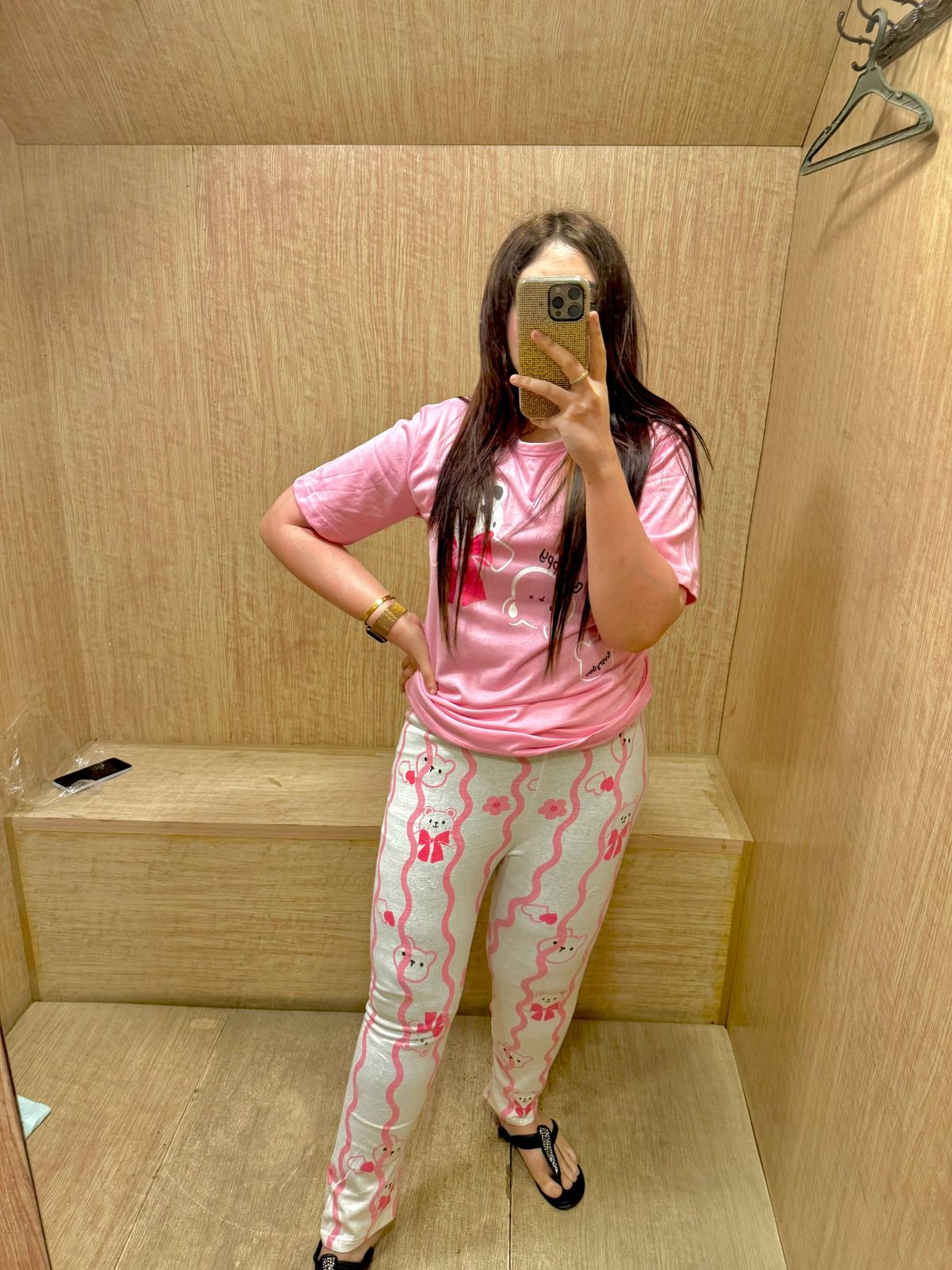 Women's Cute 2-Piece Nightwear Set – Pink Teddy Bear Graphic Tee & Ribbon Printed Pajamas