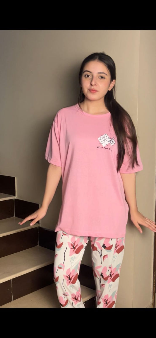 Women's Summer Nightwear Set – Pink Short Sleeve "But So Cute" Top with Floral Printed Pajamas