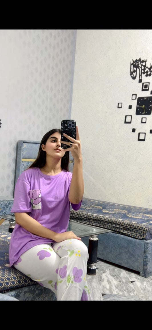 Women's Lavender Floral 2-Piece Nightwear Set – Long Sleeve Pocket Tee & Matching Printed Pajamas