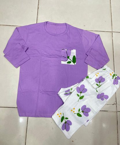 Women's Lavender Floral 2-Piece Nightwear Set – Long Sleeve Pocket Tee & Matching Printed Pajamas