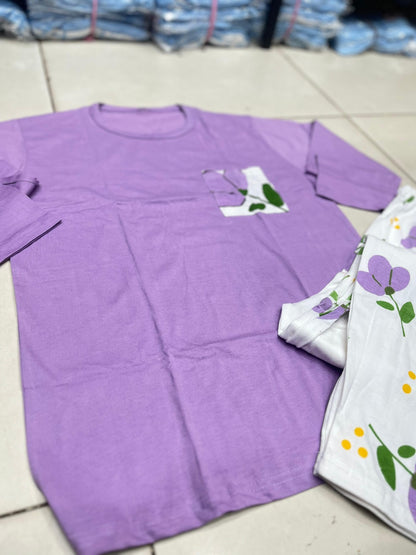 Women's Lavender Floral 2-Piece Nightwear Set – Long Sleeve Pocket Tee & Matching Printed Pajamas