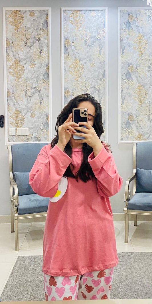 Women's Cozy 2-Piece Nightwear Set – Dark Pink Long Sleeve Top with Multi-Color Heart Pajamas