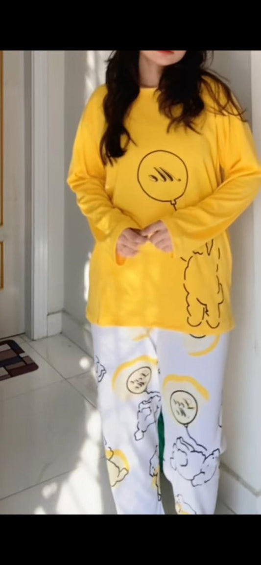 Vibrant Yellow "Love Me" Cartoon Balloon Pajama Set