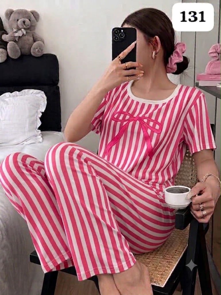 Cute Pink Striped Short Sleeve Pyjamas Set – Soft & Cozy Loungewear