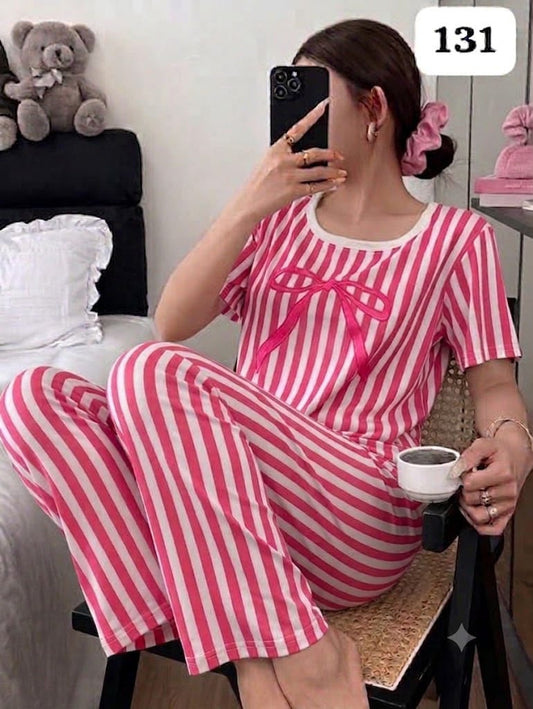 Cute Pink Striped Short Sleeve Pyjamas Set – Soft & Cozy Loungewear