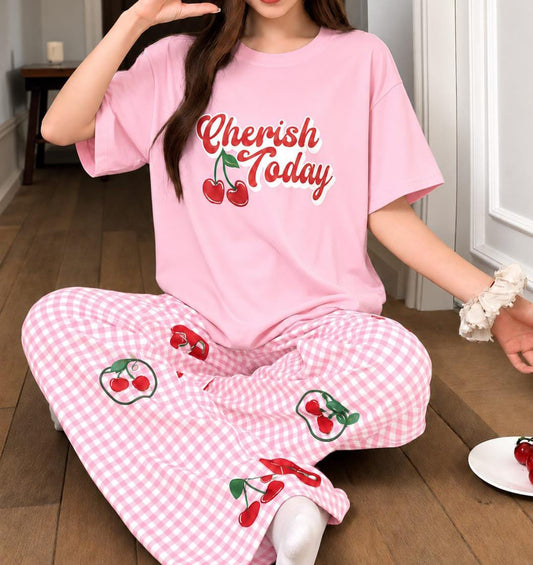 "Cherish Today" Cherry Print & Gingham Pajama Set