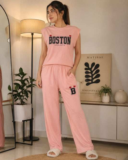 Women’s Baby Pink "BOSTON" Graphic Loungewear Set – Casual Sleeveless Top & Wide-Leg Tracksuit Pajamas
