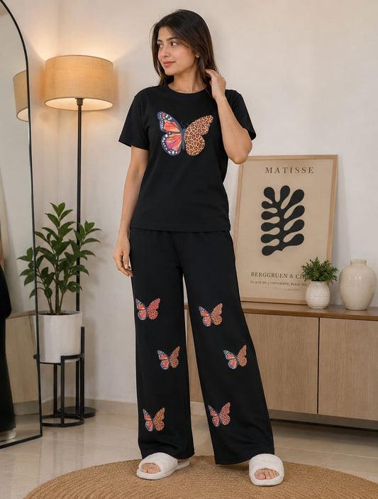 Women’s Black Butterfly & Leopard Print Cotton Pajama Set – Cozy Half-Sleeve Top & Wide-Leg Trouser Loungewear