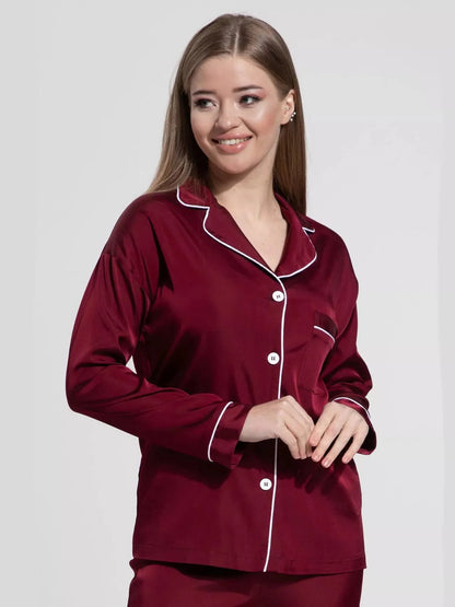 Women’s Luxurious Satin Pajama Set – Classic Button-Down Long Sleeve Sleepwear with Contrast Piping