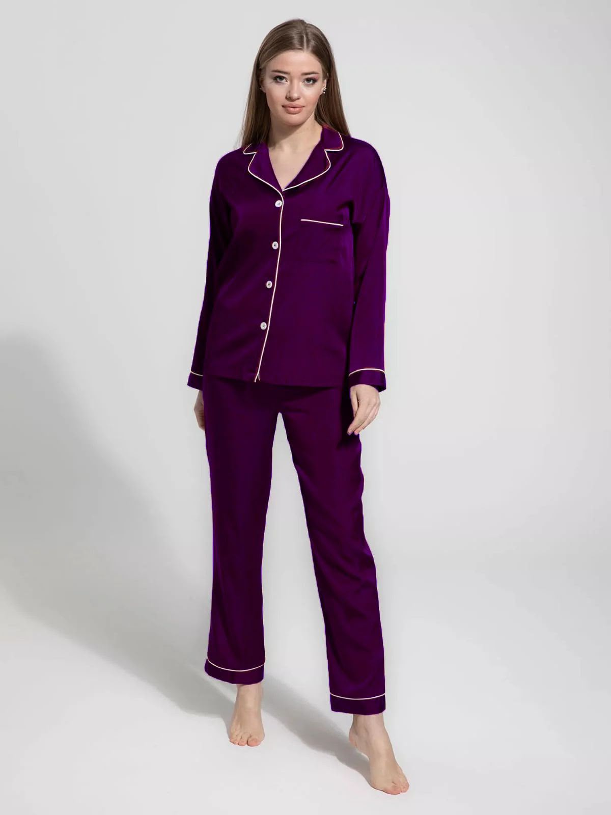 Women’s Luxurious Satin Pajama Set – Classic Button-Down Long Sleeve Sleepwear with Contrast Piping