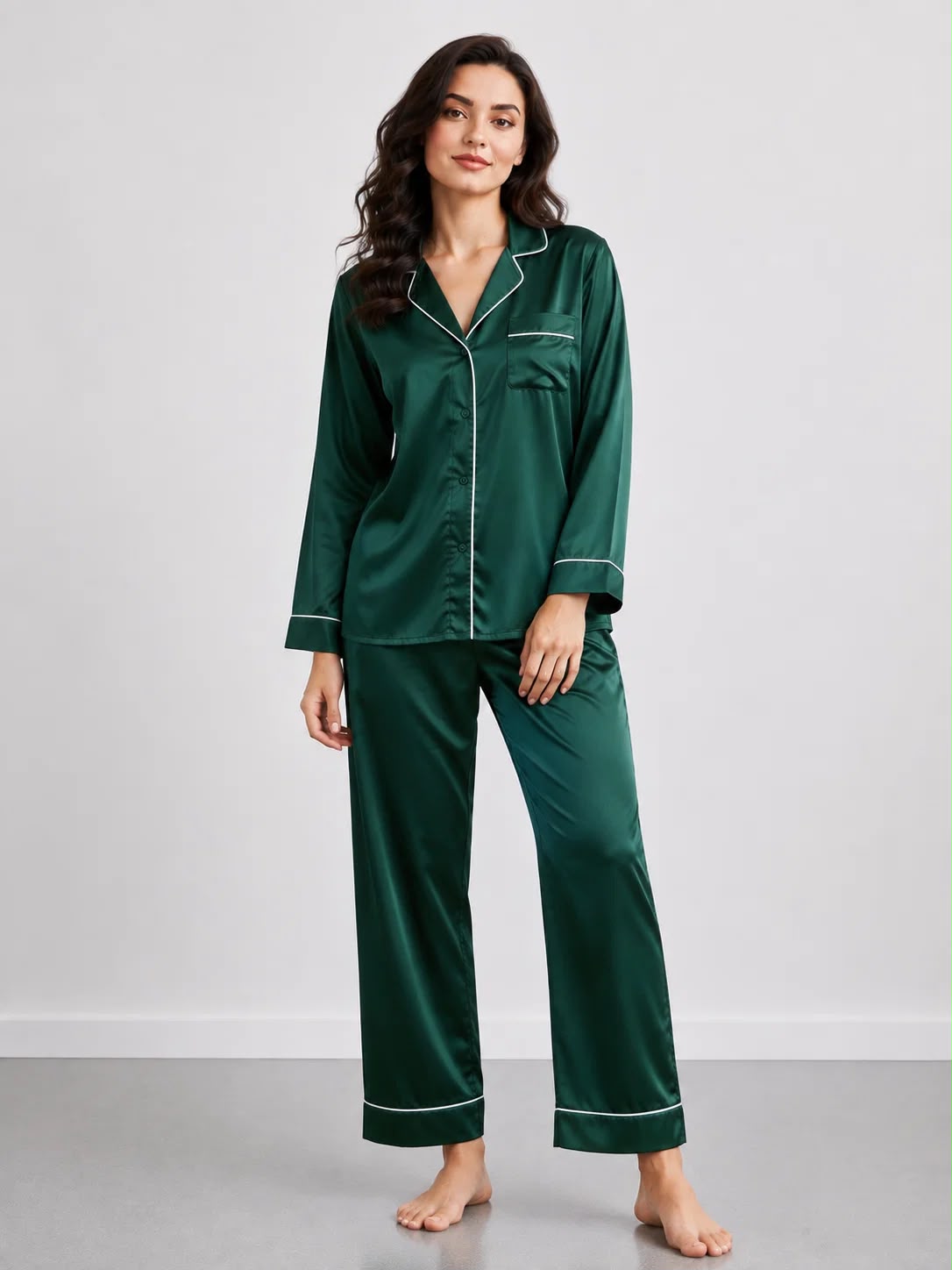 Women’s Luxurious Satin Pajama Set – Classic Button-Down Long Sleeve Sleepwear with Contrast Piping