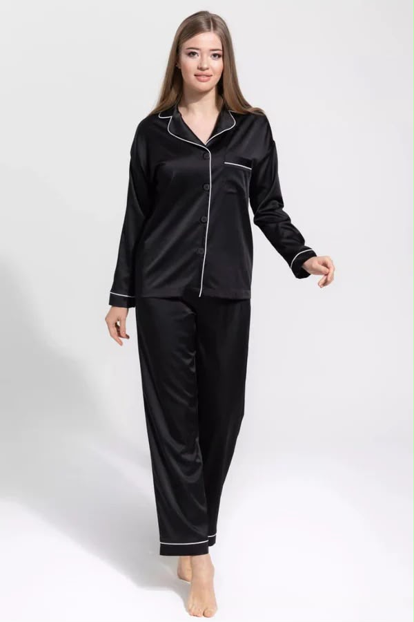 Women’s Luxurious Satin Pajama Set – Classic Button-Down Long Sleeve Sleepwear with Contrast Piping