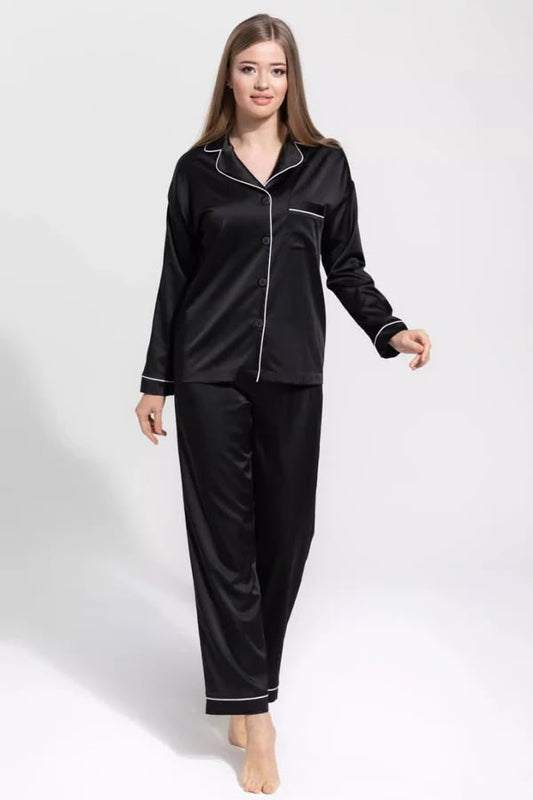 Women’s Luxurious Satin Pajama Set – Classic Button-Down Long Sleeve Sleepwear with Contrast Piping