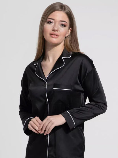 Women’s Luxurious Satin Pajama Set – Classic Button-Down Long Sleeve Sleepwear with Contrast Piping