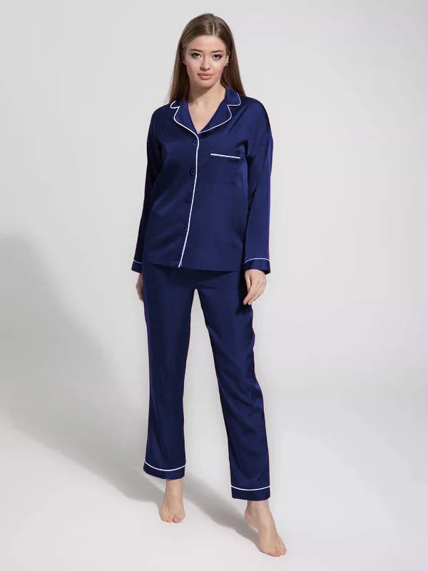 Women’s Luxurious Satin Pajama Set – Classic Button-Down Long Sleeve Sleepwear with Contrast Piping