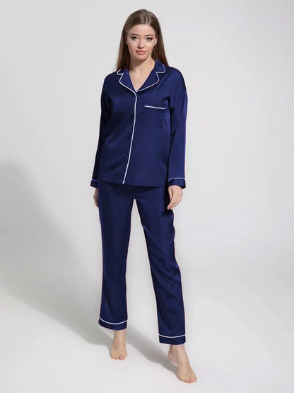 Women’s Luxurious Satin Pajama Set – Classic Button-Down Long Sleeve Sleepwear with Contrast Piping