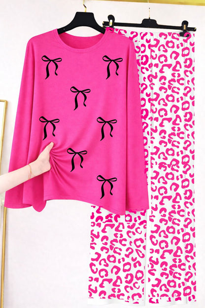 Bow Print Crewneck Top & Leopard Spotted Lounge Suit