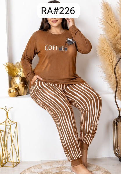 Women's "Coffee" Graphic Long Sleeve Pajama Set with Striped Trousers