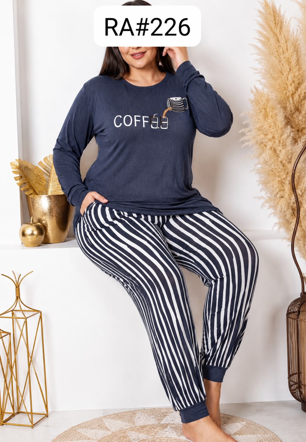 Women's "Coffee" Graphic Long Sleeve Pajama Set with Striped Trousers