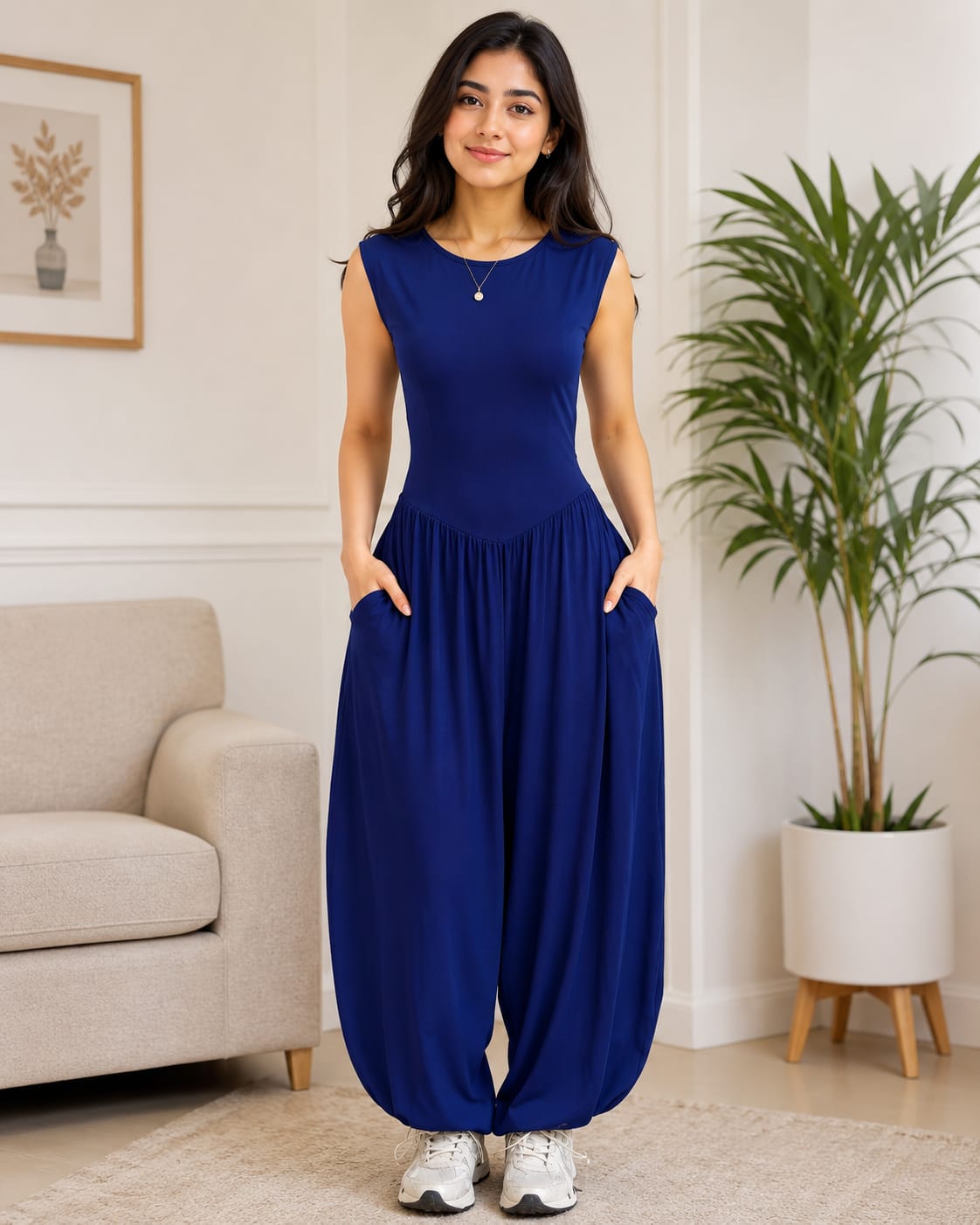 Women’s Sleeveless Harem Jumpsuit with Pockets