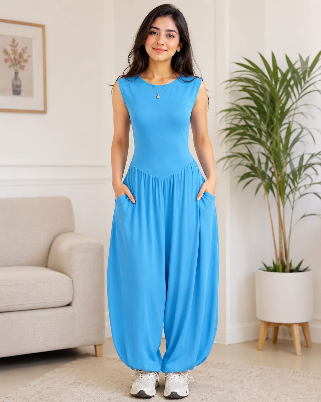Women’s Sleeveless Harem Jumpsuit with Pockets