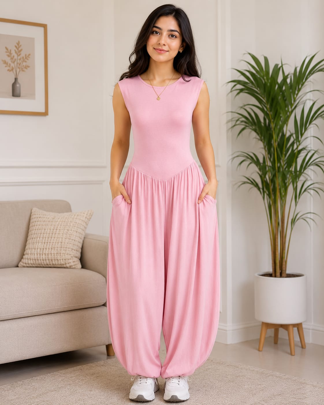 Women’s Sleeveless Harem Jumpsuit with Pockets