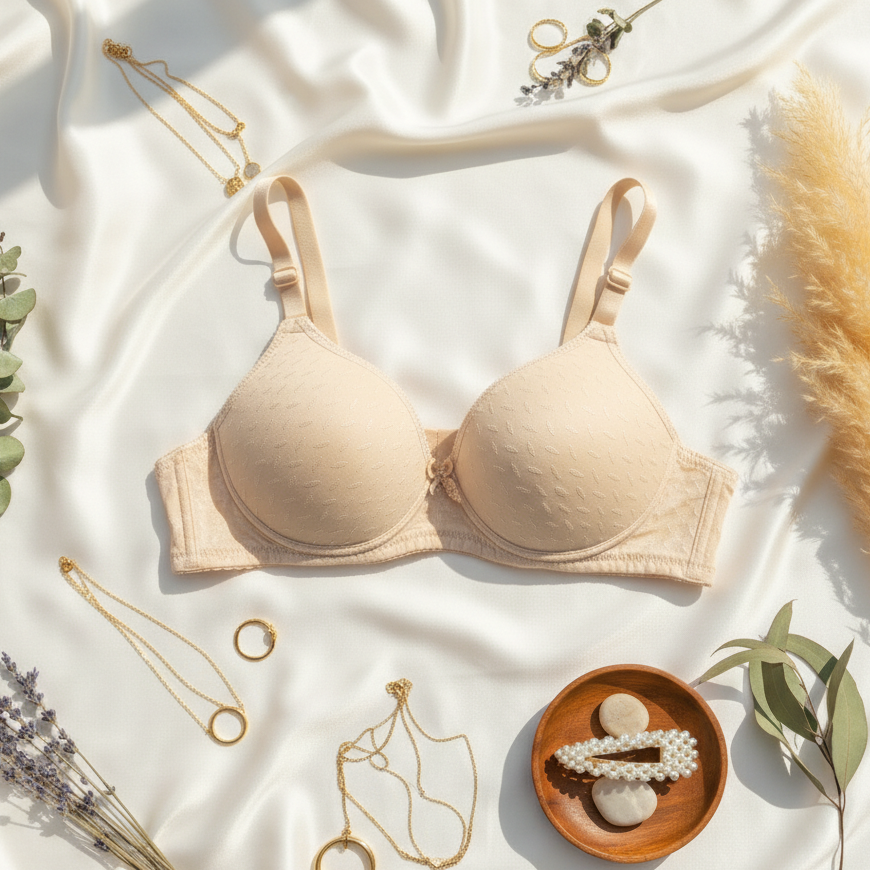 Beige bra on a white fabric background with decorative elements like dried plants and jewelry.