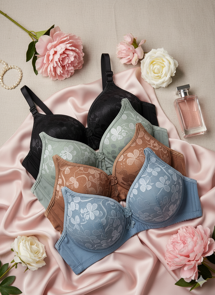 Set of lace bras in black, green, brown, and blue on a pink fabric background with flowers and a bottle.