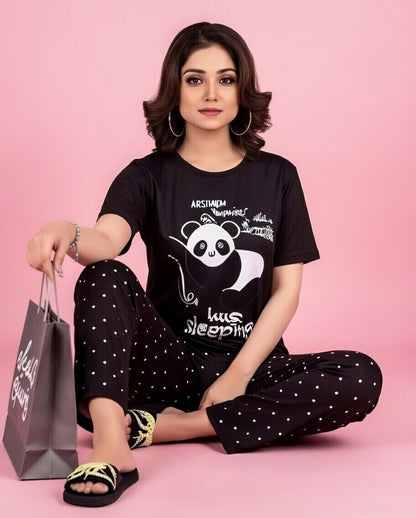 Cute Panda Printed Nightwear Set – Cozy Short Sleeve Top & Polka Dot Pajamas