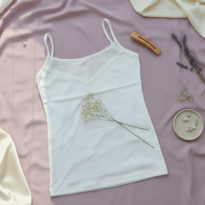 Premium cotton camisoles for women in Pakistan featuring delicate lace borders.