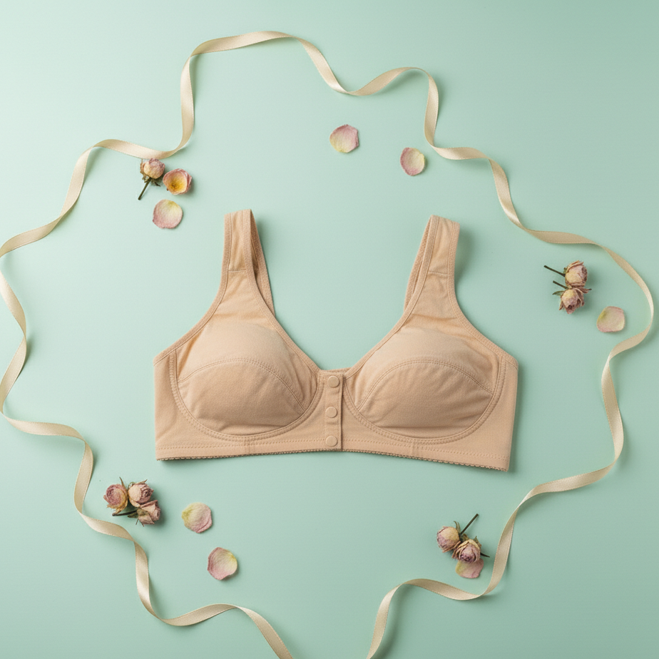 Close-up of the front-button detail on a Blush & Lace cotton comfort bra.