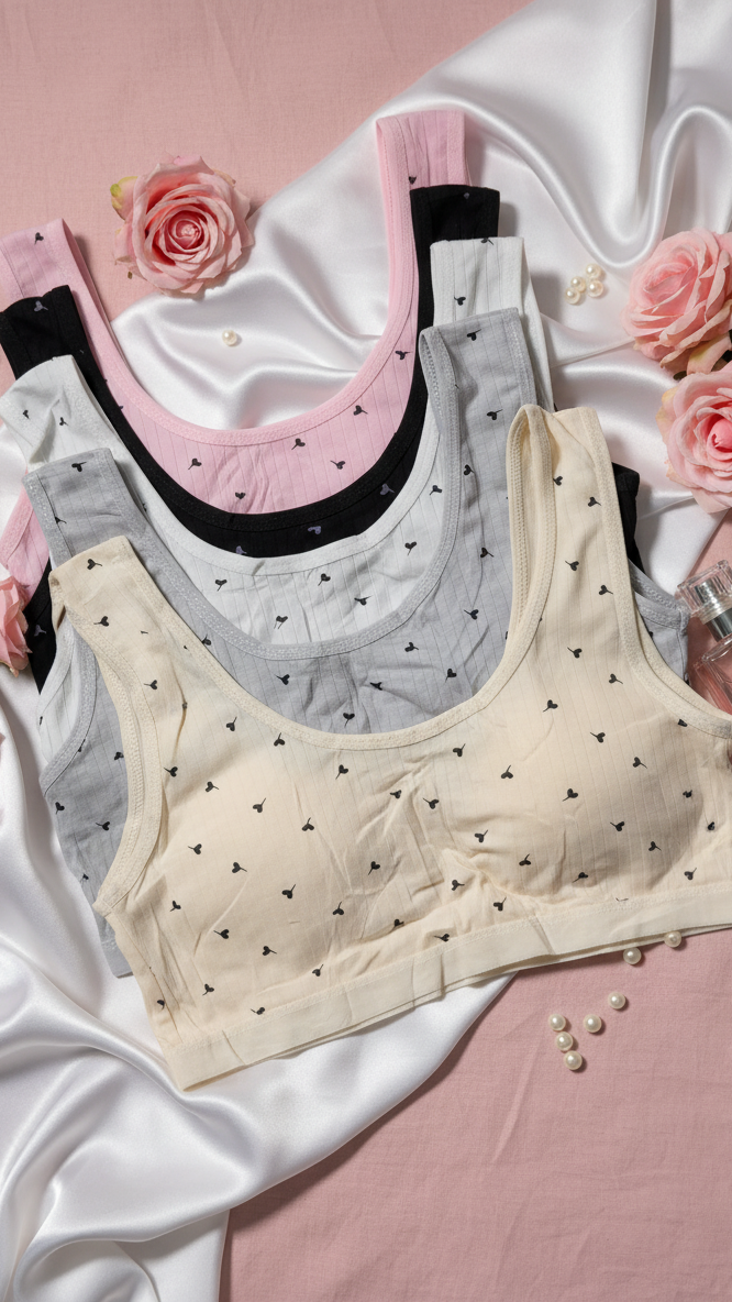 Two bras on a pink fabric background with flowers and a perfume bottle.