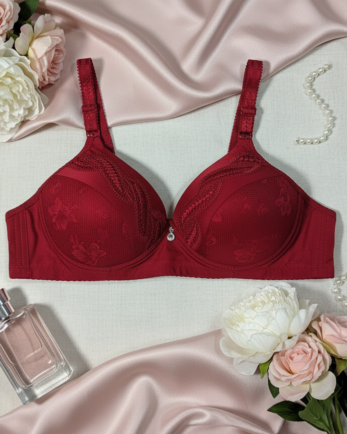 Red bra on a satin surface with flowers and a perfume bottle