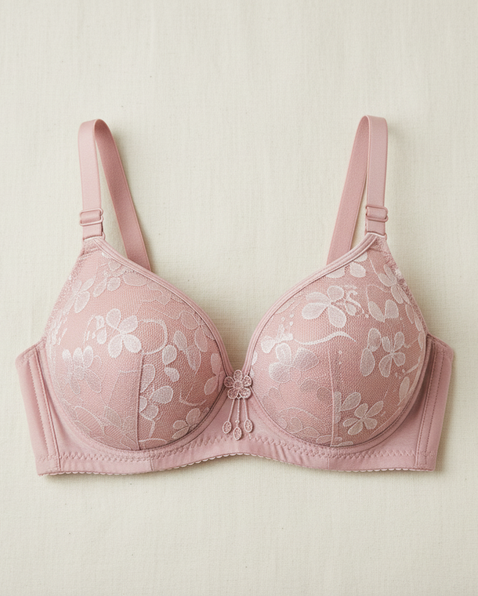 Pink bra with floral lace details on a light beige background