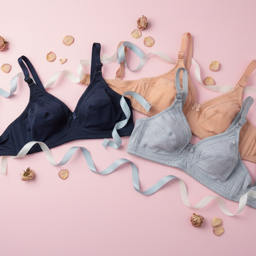 Multi-color set of cotton padded bras for women in Pakistan including navy, grey, and maroon.