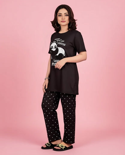 Cute Panda Printed Nightwear Set – Cozy Short Sleeve Top & Polka Dot Pajamas