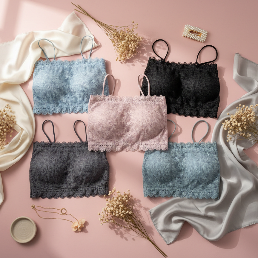Five fancy lace thin strap bralettes in pastel and dark colors for women in Pakistan.
