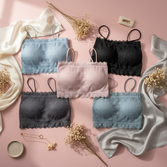 Five fancy lace thin strap bralettes in pastel and dark colors for women in Pakistan.