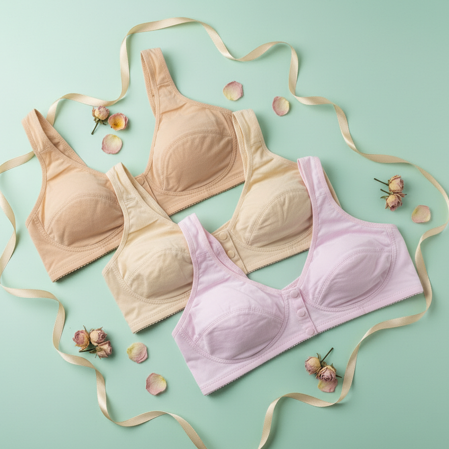 Nude and pink front-open cotton bras with button closure for women in Pakistan.