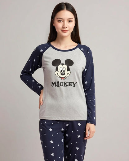 Cute Mickey Mouse & Stars Printed Nightwear Set – Raglan Long Sleeve Loungewear