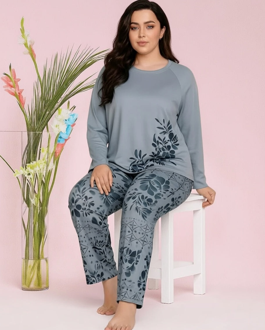 Women's Floral Print Loungewear Set – Elegant Long Sleeve Top & Matching Wide-Leg Pajamas