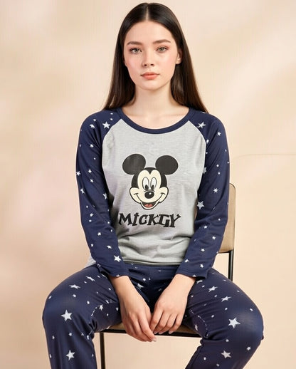 Cute Mickey Mouse & Stars Printed Nightwear Set – Raglan Long Sleeve Loungewear