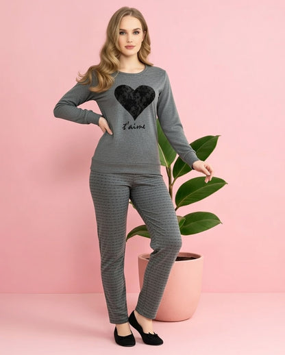 Women's "J'aime" Heart Graphic Nightwear Set – Charcoal Grey Long Sleeve Lounge Set