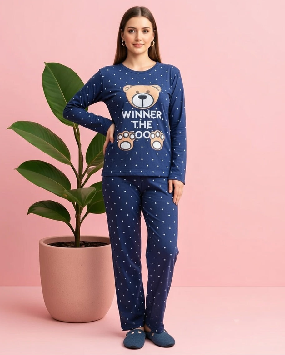 Women's 2-Piece Winter Loungewear Set – Navy Blue Polka Dot Full Sleeve Top & Matching Trousers