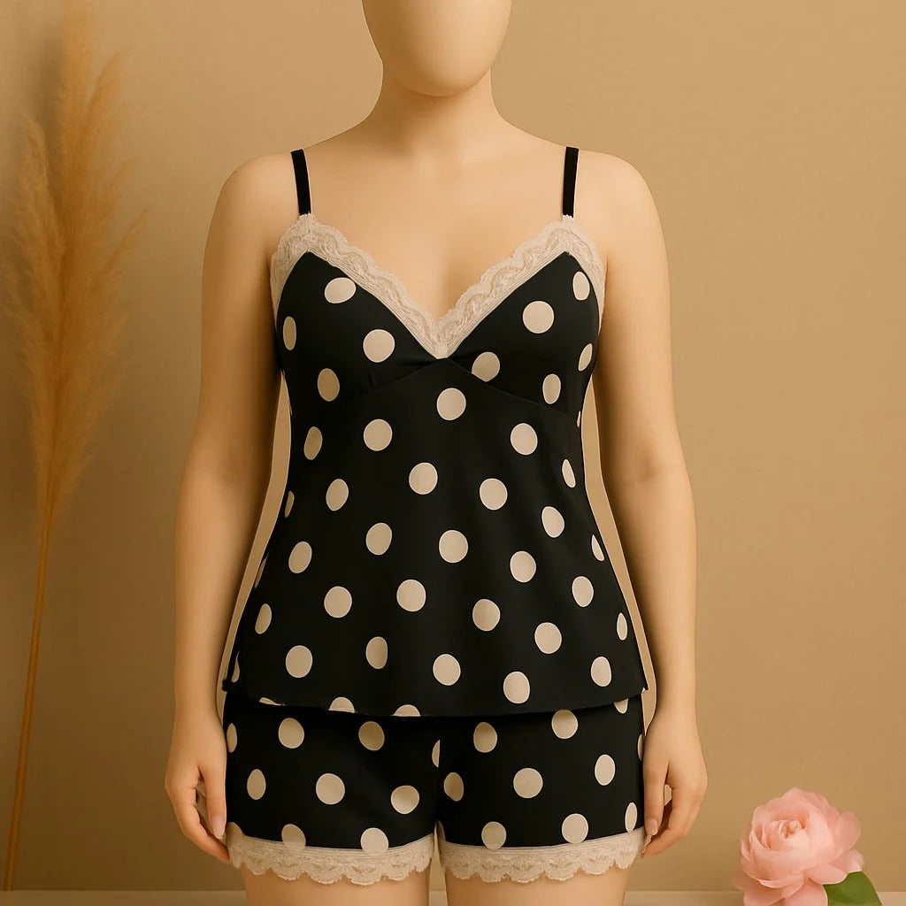 Silk Pajamas For Women Sexy Lingerie Lace Trim Camisole And Shorts Polka Dot Sleepwear