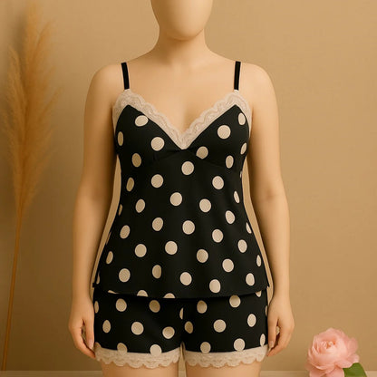 Silk Pajamas For Women Sexy Lingerie Lace Trim Camisole And Shorts Polka Dot Sleepwear