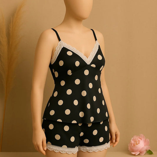 Silk Pajamas For Women Sexy Lingerie Lace Trim Camisole And Shorts Polka Dot Sleepwear