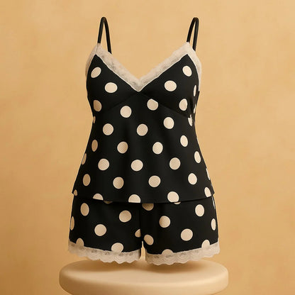 Silk Pajamas For Women Sexy Lingerie Lace Trim Camisole And Shorts Polka Dot Sleepwear