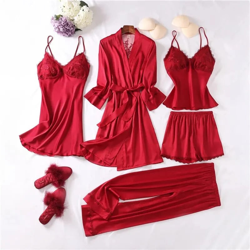 5 pcs Non Padded Pure Silk Pajama Set Cami Top Nightgown